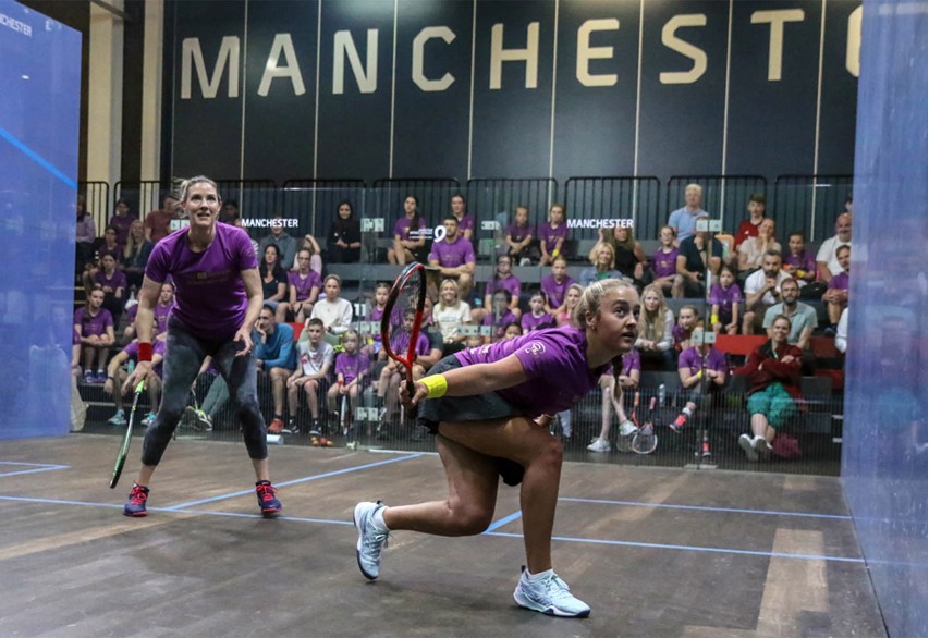 Laura Massaro playing a girl at the Squash Girls in Motion event